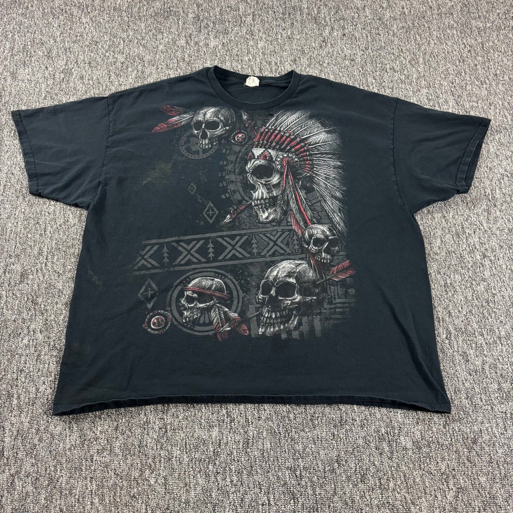 Grunge Y2K Native Headdress Biker Skulls Gildan Graphic T-Shirt Black 3XL